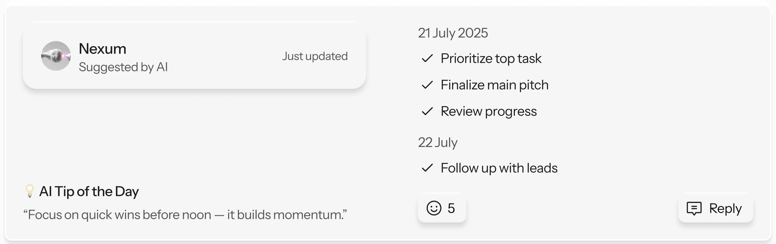 Daily AI-generated task checklist with focus tips and priorities.